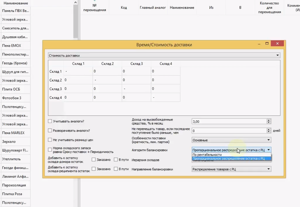 Распределение запасов с распределительного центра